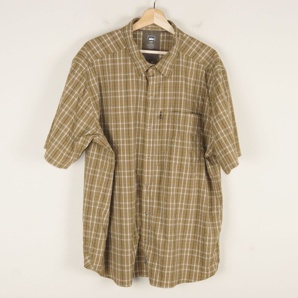 REI Plaid Seersucker Multi Pocket Utility Short Sleeve Snap Button Shirt XXL